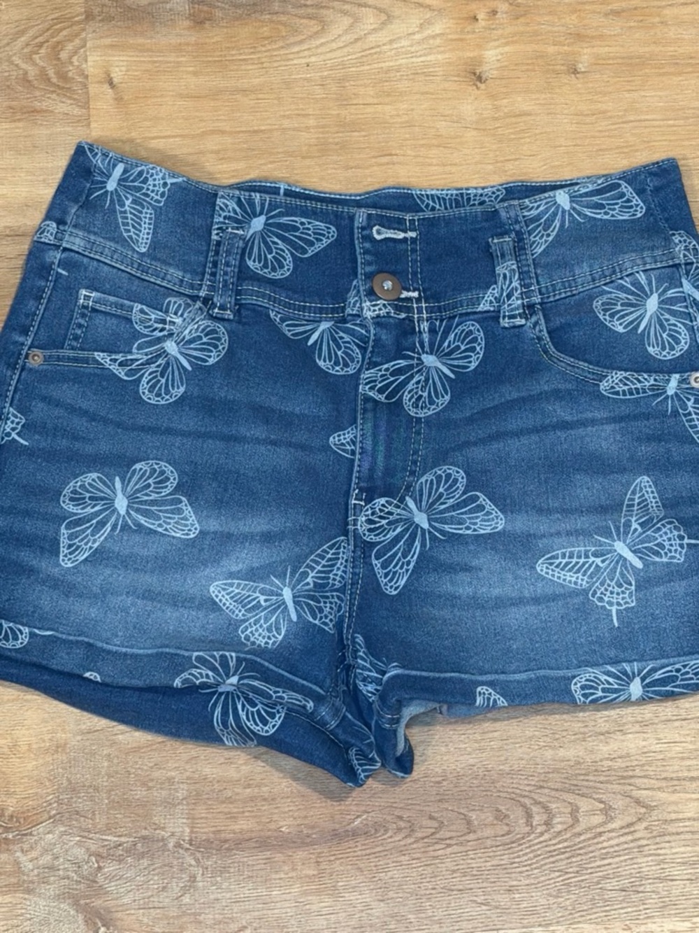 No Boundaries Blue Butterfly Print Denim Shorts